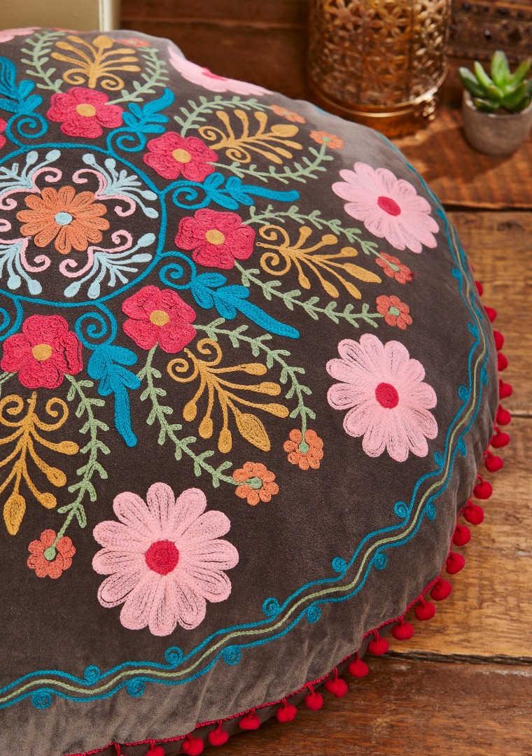 Ahyana Embroidered Velvet Filled Floor Cushion/Pouffe