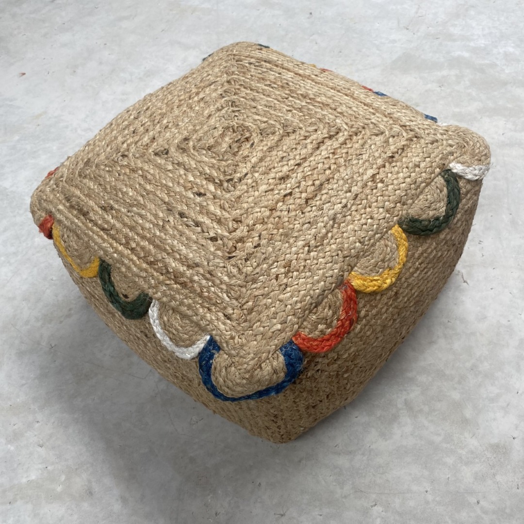 Square Jute pouffe footstool with colourful scallop edge  30cm x 30cm x 50cm