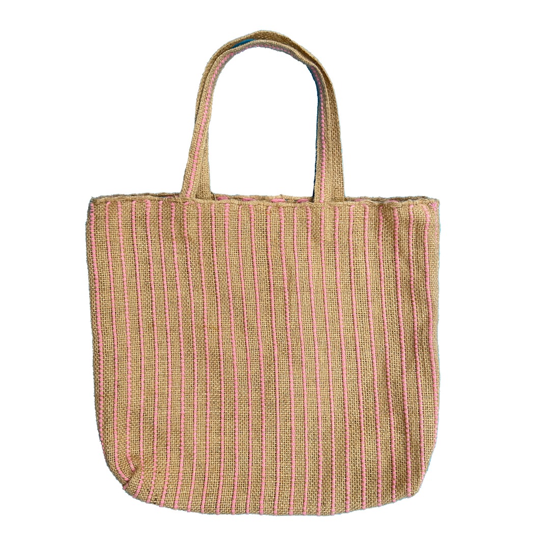 Lightweight jute shopper basket bags in pink, green & white