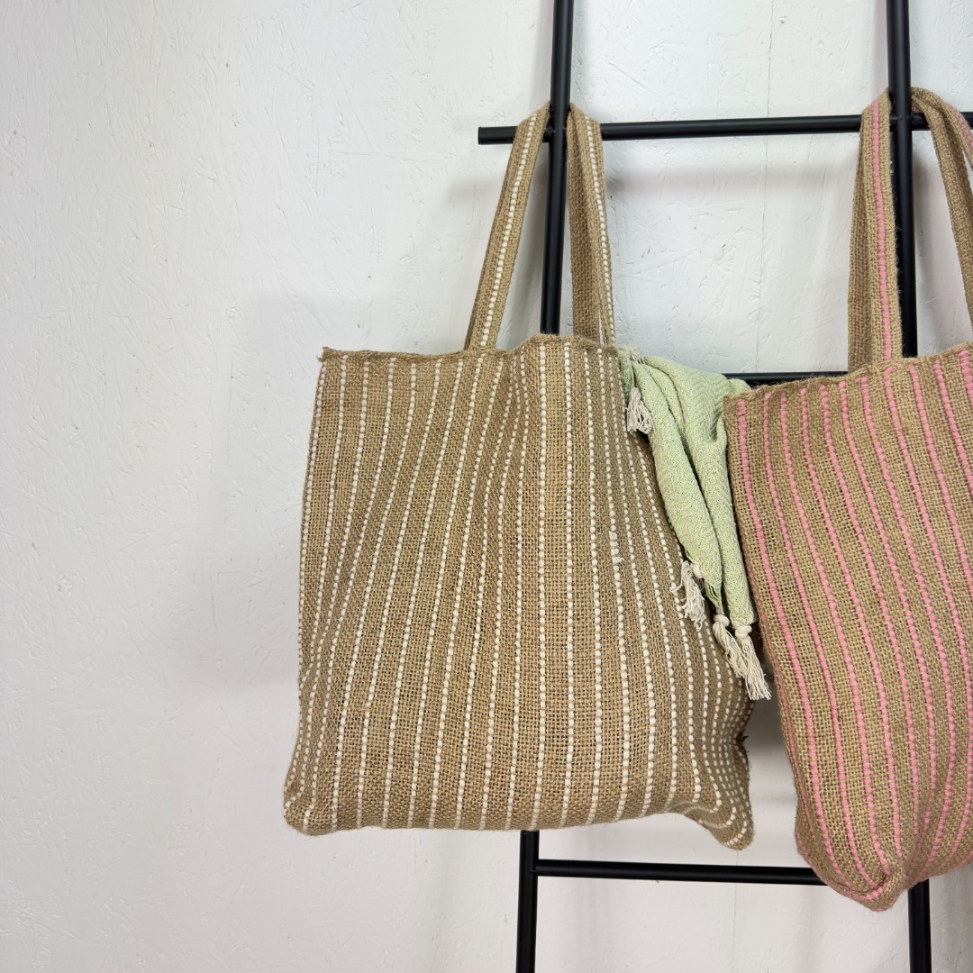 Lightweight jute shopper basket bags in pink, green & white