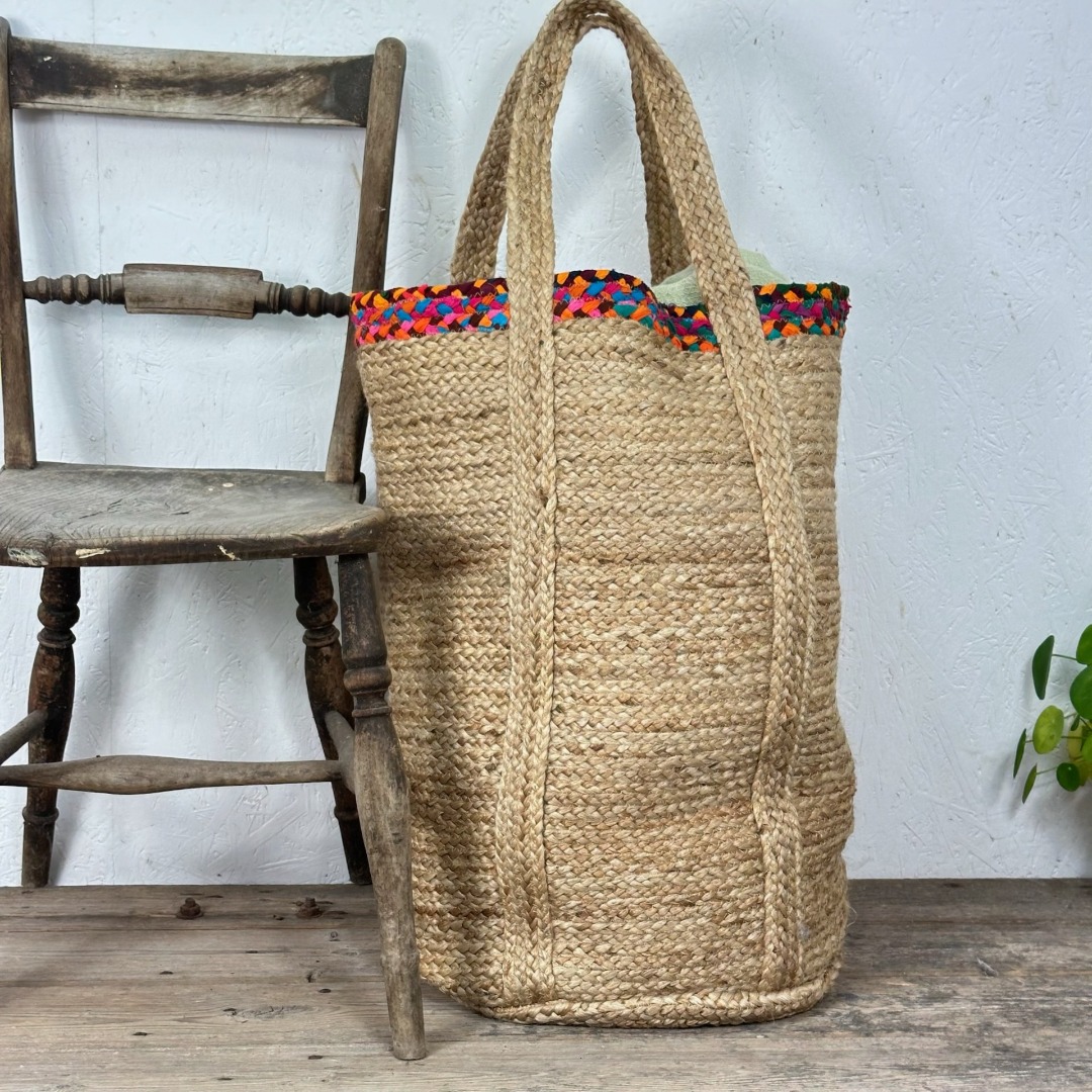 Large hemp storage basket with colourful chindi patterned border, with handles 60cm x 40cm