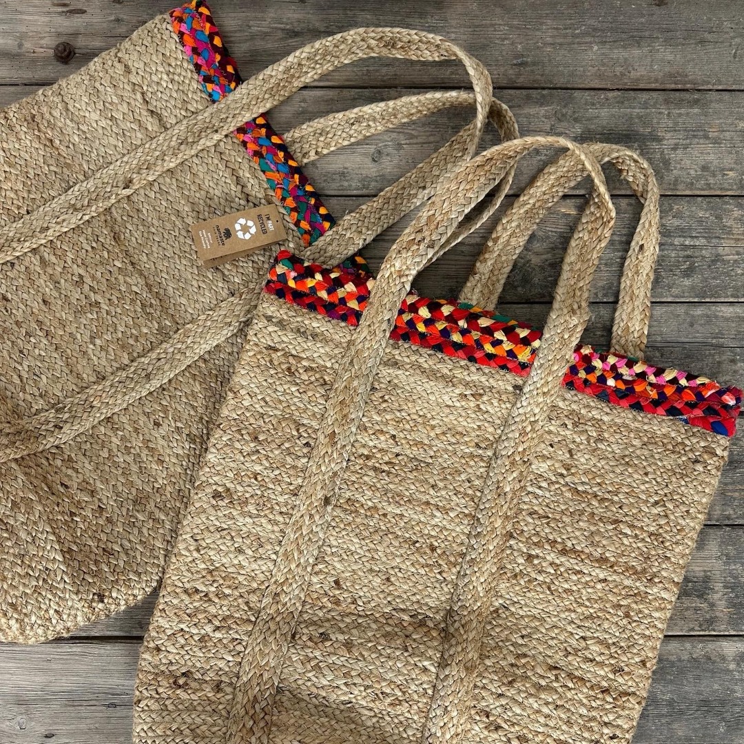 Large hemp storage basket with colourful chindi patterned border, with handles 60cm x 40cm