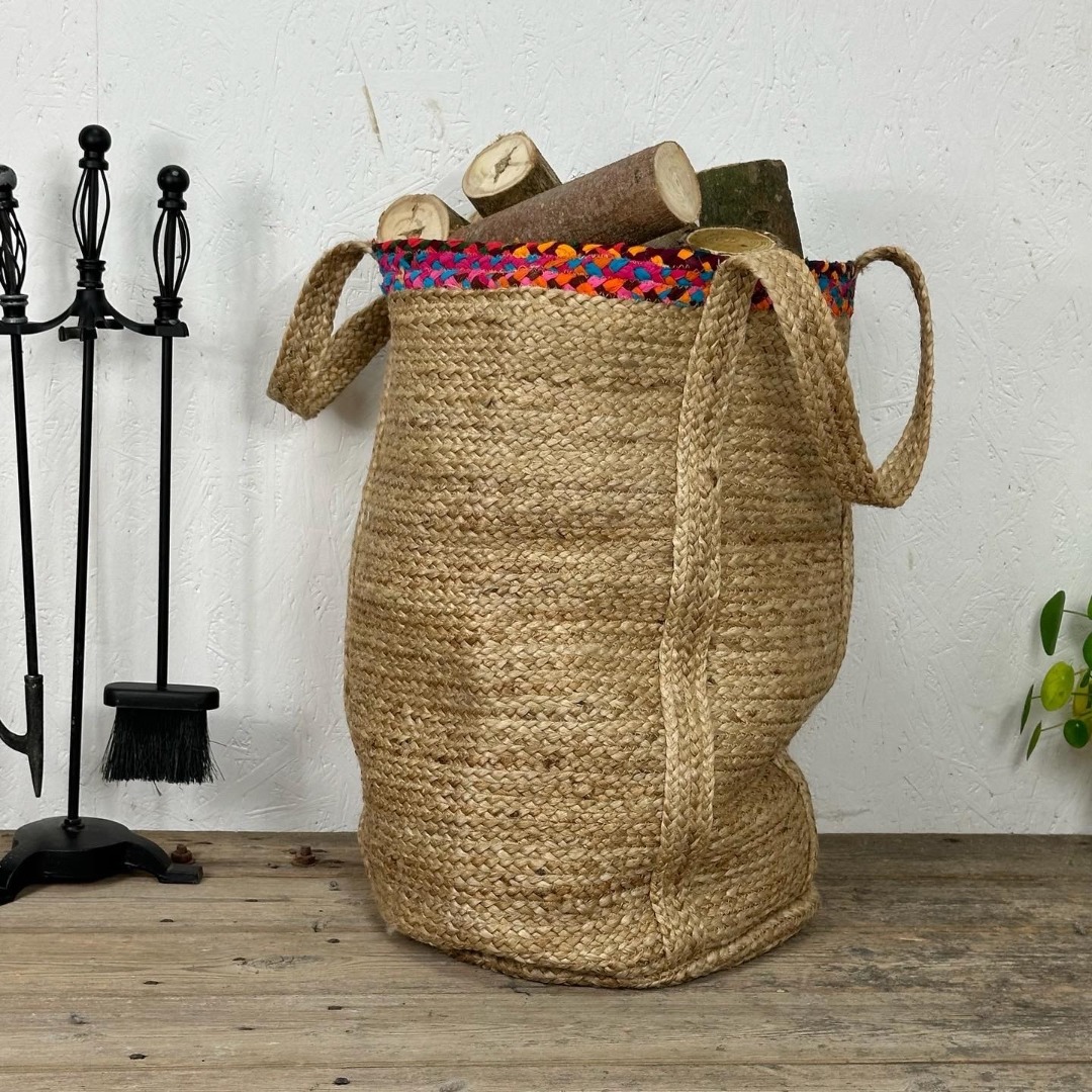 Large hemp storage basket with colourful chindi patterned border, with handles 60cm x 40cm